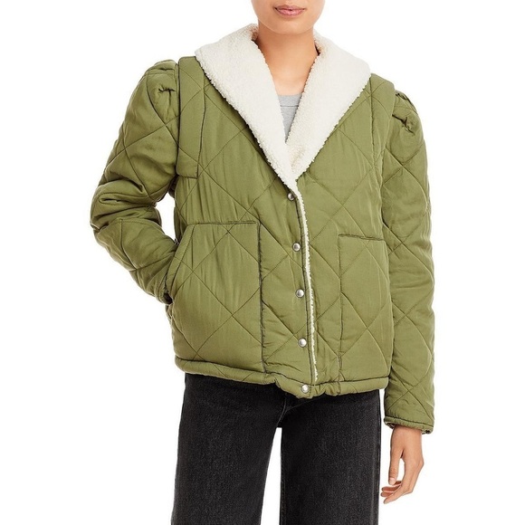 NWT Blank NYC Women's Faux Fur Trip Quilted Puffer Jacket Size Small Green - Picture 1 of 6